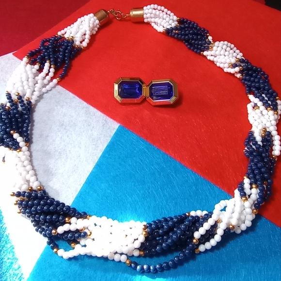 Navy & White Rope Bead Necklace Goldtone Accents AND Faux Gem Earrings - Picture 2 of 6